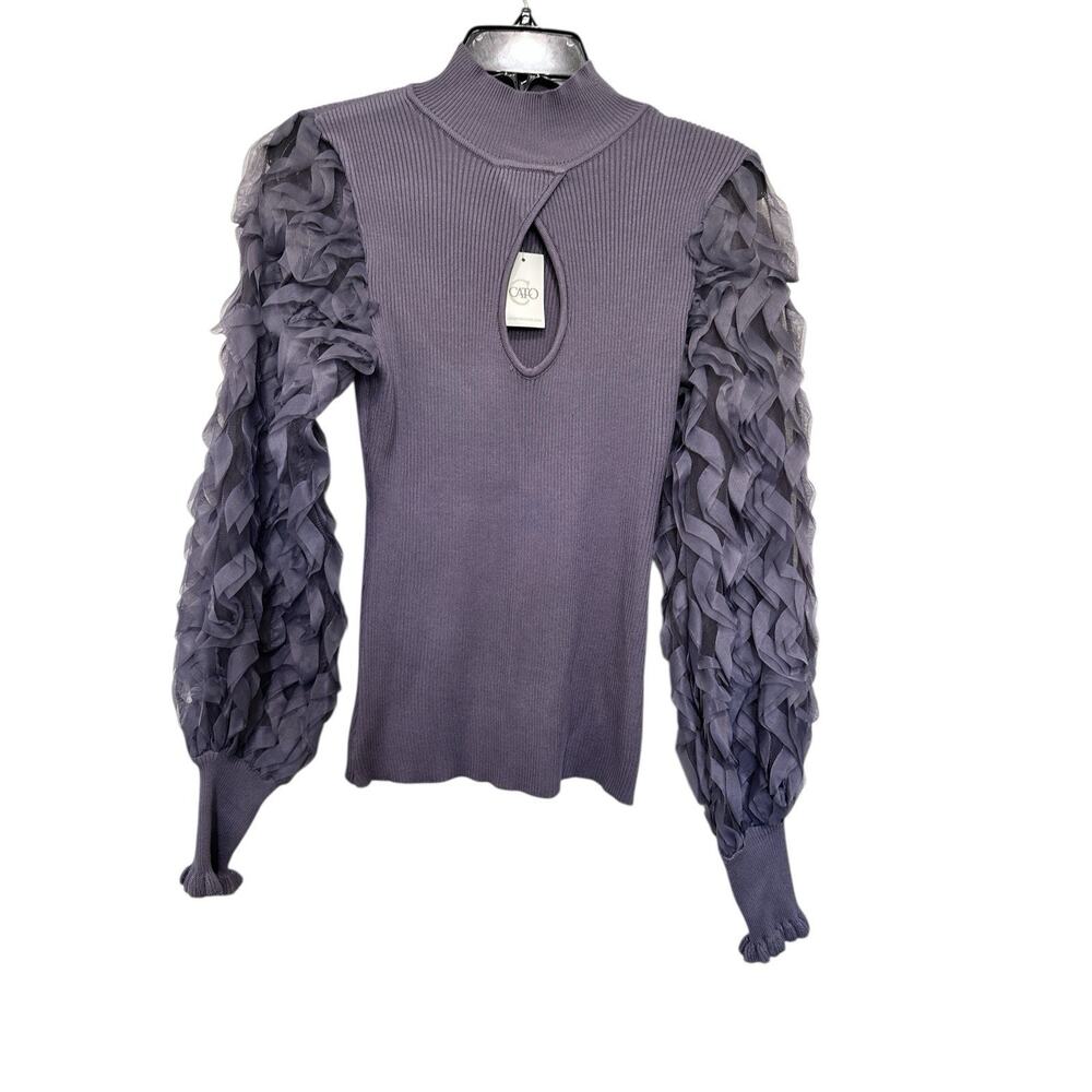 Cato brand purple ribbed knit sweater sheer ruffled sleeves Size M - Picture 6 of 8